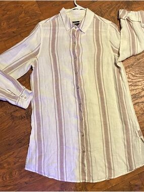Jones New York 100% Linen Lilac Striped Roll-Tab Tunic Med Coastal Lagenlook